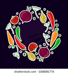 Vector vegetables: tomato, carrot, peppers, onion and leaves. Design menu card for vegetarians, logo vegan shop. EPS10