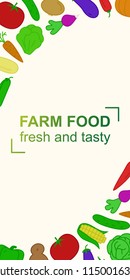 vector vegetables vertical banner for farm fresh sale, organic food market, healthy food and diet concept, health lifestyle, eco label, natural logo, vegan poster. 10 eps