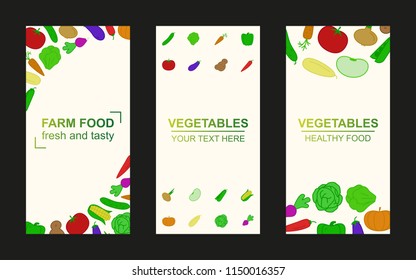 vector vegetables vertical banner set with color flat style icons for organic food market, farm fresh sale, healthy food and diet concept, health lifestyle, eco label, natural logo, vegan poster.