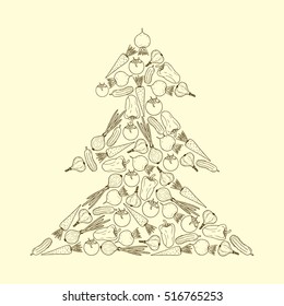 Vector vegetarian Christmas tree from vegetables - carrot, garlic, onion, tomato, beet, pepper, cucumber. Graphic Christmas tree