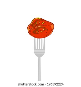 vector vegetarian illustration with fork and fresh tomato