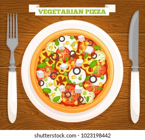 Vector vegetarian pizza on a plate. Pizza with vegetables top view.