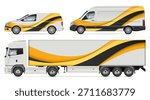 Vector vehicle branding mockup set. Car, van, and semi trailer truck with yellow and black abstract corporate identity wrap design template. Transport fleet livery side view.