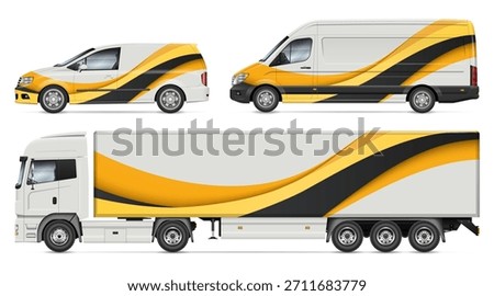 Vector vehicle branding mockup set. Car, van, and semi trailer truck with yellow and black abstract corporate identity wrap design template. Transport fleet livery side view.
