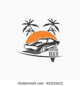 Vector  vehicle icons on surf travel with old classic vintage european and american beach surf cars