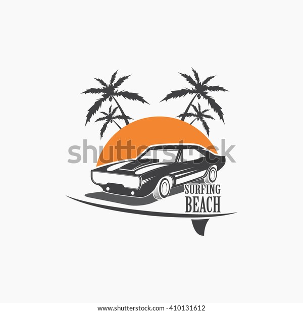 Vector  vehicle icons on surf\
travel with old classic vintage european and american beach surf\
cars