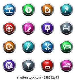 Vector vehicle service station round glossy web icon set