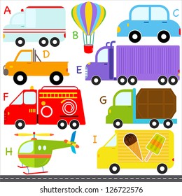 Vector vehicle transportation Alphabet A    I  ambulance  balloon  car  diesel truck  eighteen wheeler  fire garbage truck  helicopter  icecream truck  simple dictionary for Kid 