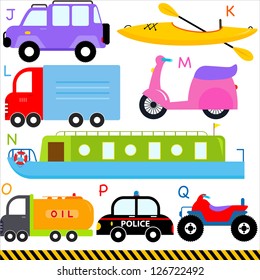 Vector of vehicle transportation Alphabet J - Q, jeep kayak, lorry, motorcycle, narrow boat, oil truck, police car, quad bike, simple dictionary for Kid. Set of colorful back to school icon collection