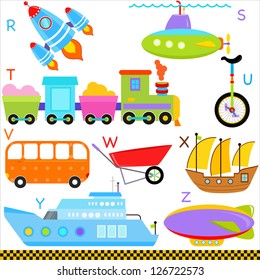 Vector de transporte de vehículos Alfabet R - Z, cohetes, submarinos, tren, unicycle, van, carretilla, xebec, yate, zepelín, diccionario simple para Kid. Colección de iconos coloridos de vuelta a la escuela