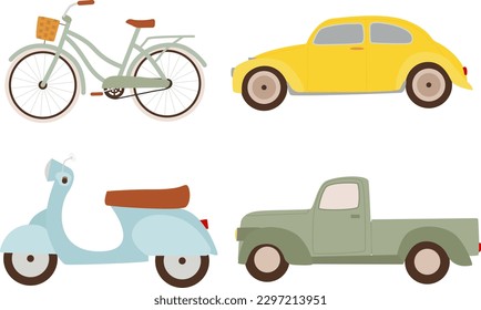 Vector vehicles. Bicycle, car, moped