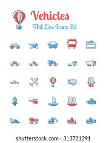 vector vehicles icons set flat line style
