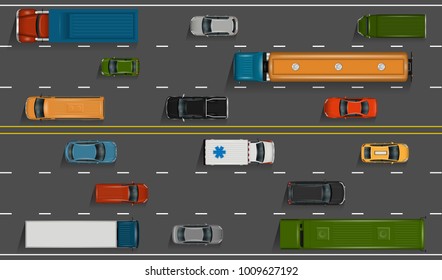 Vector vehicles on the highway illustration. Various detailed cars and trucks with top view. Road auto transport on grey asphalt background