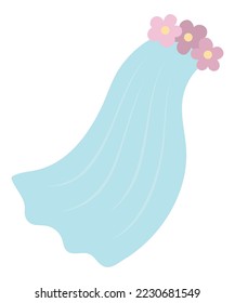 Icono de velo vectorial. Ilustración de ropa de novia. Un simple accesorio de chica casada. Foto de la ceremonia de bodas. Mujer dulce azul vailing con flores rosadas
