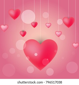 Vector of velentine concept with many size of heart hang with white rope on pink bokeh background.