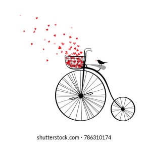 Vector velocipede silhouette with flying hearts and bird. Isolated graphic for wall sticker.