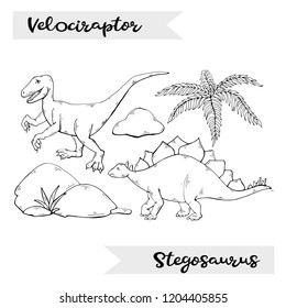 Vector Velociraptor and Stegosaurus isolated on a white background,with leaves and stones.Wild animals dinosaurus.Ancient creaturescharacter.Wild creatures of  Jurassic period.Black sign dinosaurus 