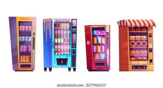 Máquina expendedora de vectores con bebida y comida para picar. Icono de dispensador de dibujos animados aislado que vende botellas, latas de café, panadería y helados. Máquina vendedora llena de dulces, jugo y cracker.