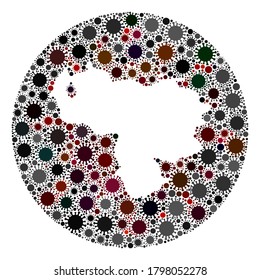 Vector Venezuela map collage of coronavirus. Infection attacks the quarantine territory from out space. Hole circle Venezuela map collage formed with infection parts.