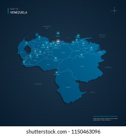Vector Venezuela map illustration with blue neon lightpoints - triangle on dark blue gradient background. Administrative divisions, cities, borders, capital. Neon tech background with glow. 
