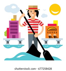 Vector Venice gondola, gondolier rowing oar. Flat style colorful Cartoon illustration.