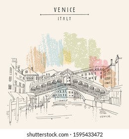 Vector Venice, Italy, Europe architecture sketch postcard. Rialto bridge across Grand canal. Venetian travel realistic line drawing. Italian artistic hand drawn touristic doodle sketch illustration