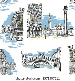 Vector Venice Italy seamless pattern. Hand drawn sketch with gondola, architecture landmarks, houses, market bridge, grand canal. Italian famous city design for wallpaper and wrapping paper.