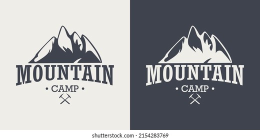 Vector Ventage Labels with Hand Drawn Mountains. 2022. Illustration for Ski Resort, Hiking, Climbing, Mountain Biking Logo Set. Drawing Winter Landscape, Camping Design