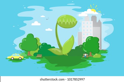 Vector Venus fly trap in green central Park and city  cars  trees  building    blue sky  Minimalism Flat icon infographic nature banner 
