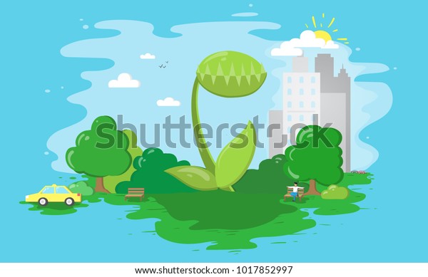 Vector Venus fly trap in green central Park with\
city, cars, trees, building, and blue sky. Minimalism Flat icon\
infographic nature\
banner.