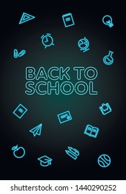 Vector verical neon light back to school retro banner. Shiny blue lamp education theme icons and text on dark gradient background. Design element for invitation, advertisment, poster, presentation