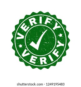 Vector Verify grunge stamp seal with tick inside. Green Verify imprint with distress texture. Round rubber stamp imprint.