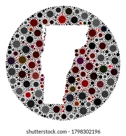 Vector Vermont State map mosaic of coronavirus. Infection attacks the quarantine territory from out space. Hole round Vermont State map collage designed with infection elements.