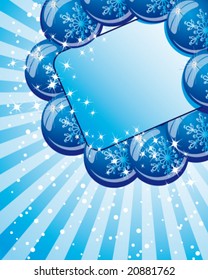 Versión vectorial. Bolas. Antecedentes de Navidad y vacaciones. Balas de decoración, estrellas, rayos y motivos sobre un fondo azul.