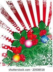 Vector  version. Christmas decorations. Holiday background. Terms of bright green branches of the Christmas stars, balloons, bow against a backdrop of red and white rays.