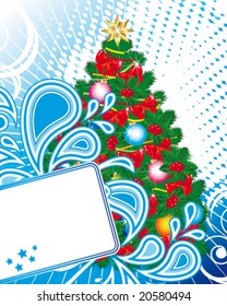 Vector version. Christmas tree. Decor bright green Christmas tree with balls and bows  and modern white elements  on a blue background.