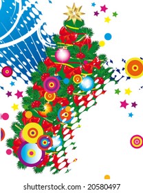 Vector version. Christmas tree. Decor bright green Christmas tree with balls and bows  and modern white elements  on a blue background.