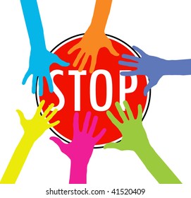 vector version of colorful hands on stop sign concept