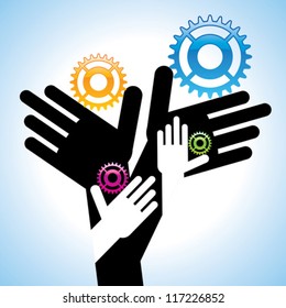 vector version of hands with colorful gears concept