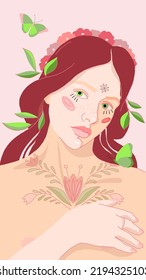 Vector version of the illustration depicting a young girl with a tattoo on her chest surrounded by butterflies