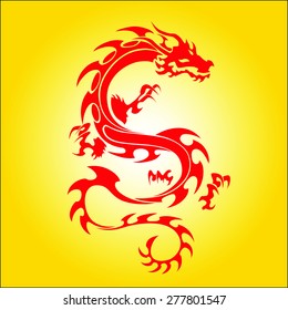 Vector version. Isolated tattoo of red dragon on gold gradient background.