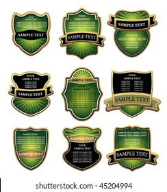 Vector version. Set of green and gold labels for design food and beverages. Jpeg version is also available