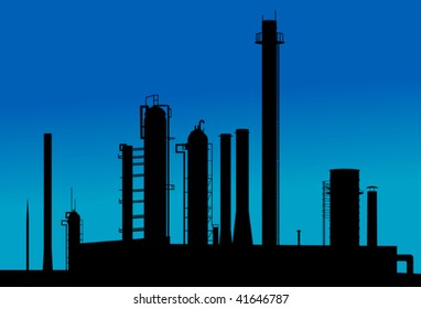 Vector version. Silhouette of industrial factory on sunset time