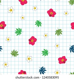 vector version. tropical leaves and flowers on math notebook inspired background.