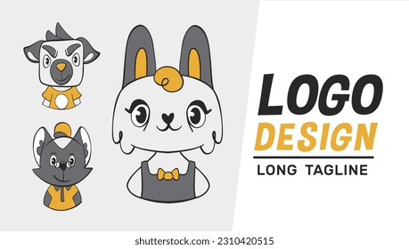 Vector versions of the logo in cartoon style: rabbit, dog and cat.