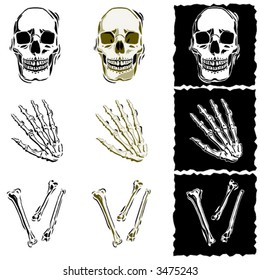 Vector versions of a skull, skeletal hand, and bones
