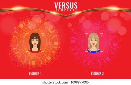 Vector Versus round circles with woman faces and techno hud background.