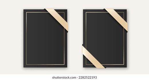 Vector Vertical A4, A5 Blank Black Card. Booklet, Postcard, Greting Card Design Template for Branding, Congratulations, Invitation with Silk Ribbon, Golden Frame and Bow