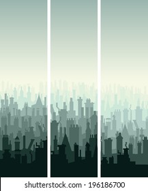 Vector vertical abstract banners of old historic European city roofs with numerous chimney flues.