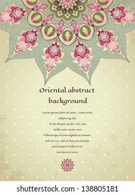 Vector vertical abstract card. Oriental pattern on vintage background. Old paper and polka dots. Place for your text. Perfect for greetings, invitations or announcements.